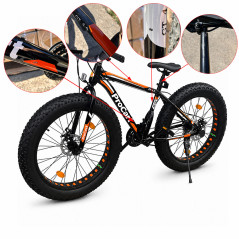 Bicicleta Fat Bike 26 inch, 21 viteze Shimano, frane pe disc, anvelope 4 inch, portocaliu/negru, RESIGILAT