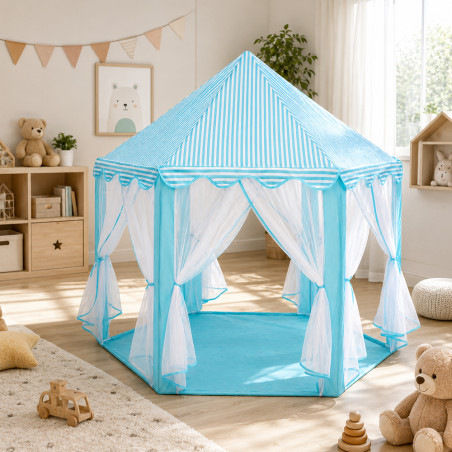 Cort copii, forma hexagonala, 6 intrari, pliabil, 135x140 cm, husa depozitare, alb albastru