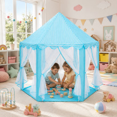 Cort copii, forma hexagonala, 6 intrari, pliabil, 135x140 cm, husa depozitare, alb albastru