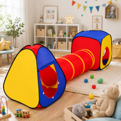 Cort de joaca pentru copii, 3 in 1, pliabil, tunel legatura, 300x80x86 cm, poliester, geanta transport