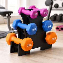 Set 6 gantere fitness 12 kg cu suport 3 nivele, vinil, 1/2/3 kg, home gym & fitness