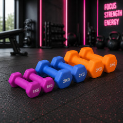 Set 6 gantere fitness 12 kg cu suport 3 nivele, vinil, 1/2/3 kg, home gym & fitness