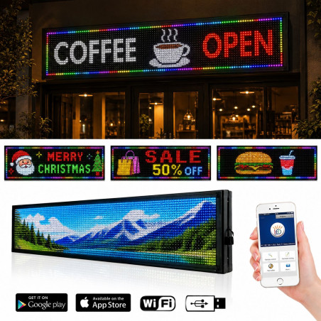 Reclama luminoasa LED SMD RGB 100x20 cm, text, imagini, animatii, WiFi exterior SLIM