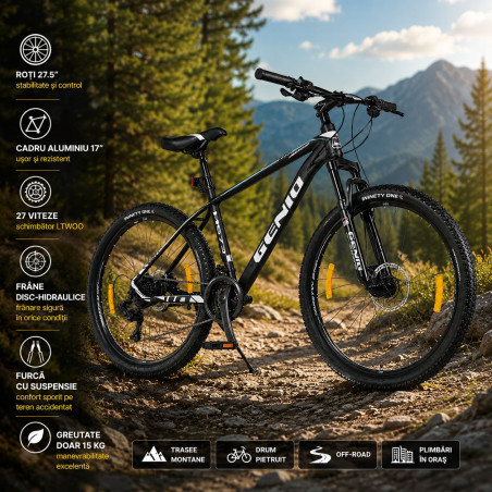 Bicicleta Mountain Bike 27.5 inch, aluminiu, frane hidraulice, 27 viteze, negru, Genio
