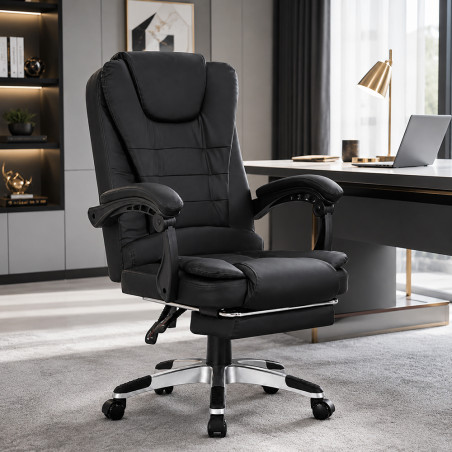 Scaun de birou cu 2 zone de masaj, suport picioare retractabil, spatar inclinabil, piele eco