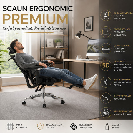 Scaun ergonomic birou, sezut reglabil pe adancime, spatar si tetiera reglabile, cotiere 5D, suport picioare, mesh