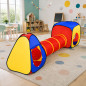 Cort de joaca pentru copii, 3 in 1, pliabil, tunel legatura, 302x86x72 cm, poliester, geanta transport