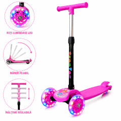 Trotineta copii, pliabila, 3 roti cu lumini multicolore LED, inaltime reglabila, roz