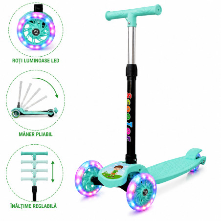 Trotineta pliabila, 3 roti cu lumini multicolore LED, reglare inaltime, verde