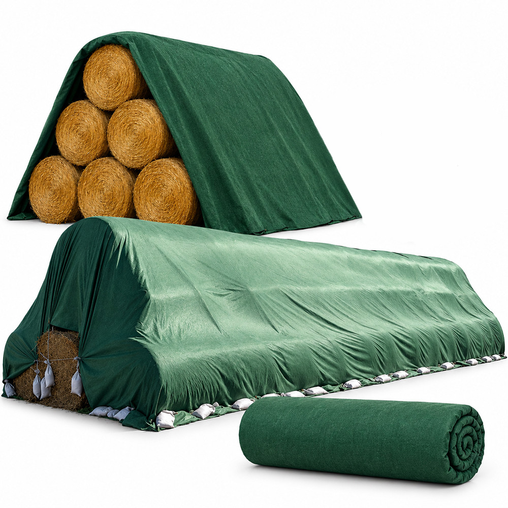 Prelată verde pentru protecția stivelor de baloți de fân și paie