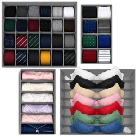 Set 4 organizatoare pentru lenjerie si accesorii, 45 compartimente, pliabile, gri