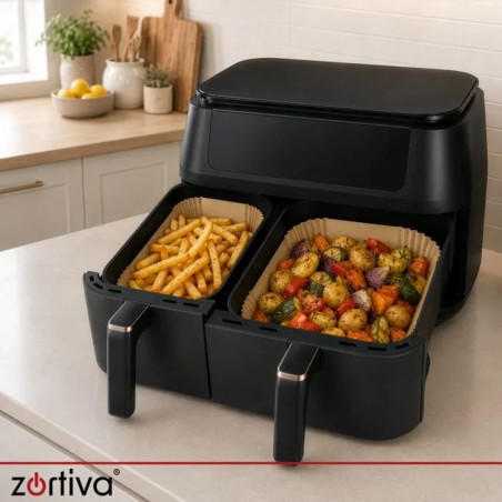 Hartie de copt pentru air fryer Dual Basket, 150 forme antiaderente, baze de 20 x 20 si 19,5 x 13 cm, rezistente pana la 230°C