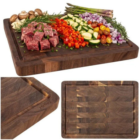 Tocator din lemn masiv de salcam, 43 x 33 x 3 cm, cu canal pentru sucuri si manere, pentru taiere si servire