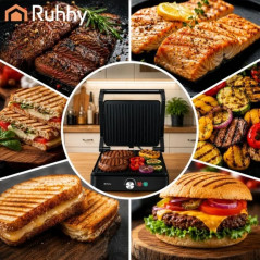 Gratar electric 2 in 1, 2000 W, pentru panini si carne, deschidere 180°, placi antiaderente si temperatura reglabila