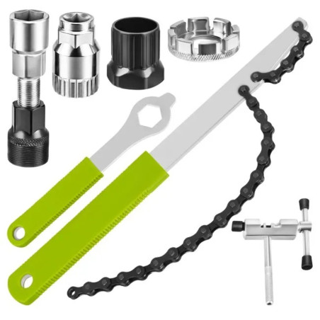 Set scule reparatii bicicleta, 7 piese din otel carbon, presa lant, extractor manivele, chei pentru caseta si spite