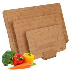 Set 3 tocatoare din bambus cu suport, 3 dimensiuni, grosime 1,5 cm, caneluri pentru lichide, pentru taiere si servire
