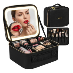 Trusa cosmetica cu oglinda LED, 3 culori de lumina, marire 10x, acumulator 2000 mAh si 7 separatoare reglabile, neagra