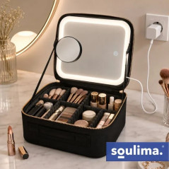 Trusa cosmetica cu oglinda LED, 3 culori de lumina, marire 10x, acumulator 2000 mAh si 7 separatoare reglabile, neagra