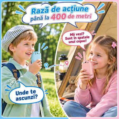 Set 2 statii Walkie Talkie Video pentru copii, camera si display LCD, acumulator reincarcabil, USB-C, Roz/Albastru