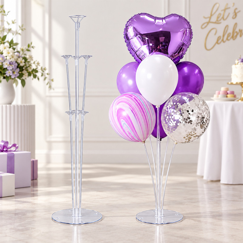 Stand aranjament 7 baloane, inaltime 70 cm, transparent