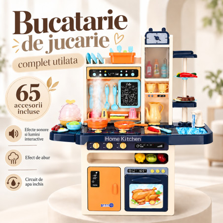 Bucatarie copii, abur rece, efecte sonore si lumini, circuit inchis robinet apa, 65 piese, 93x71x28 cm