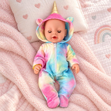 Papusa interactiva, 45 cm, ochi mobili, face pipi, plans cu lacrimi, accesorii incluse, hainute multicolore