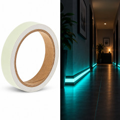 Banda fosforescenta autoadeziva, latime 1 cm, lungime 6 m, efect luminos Aqua, vizibila in intuneric