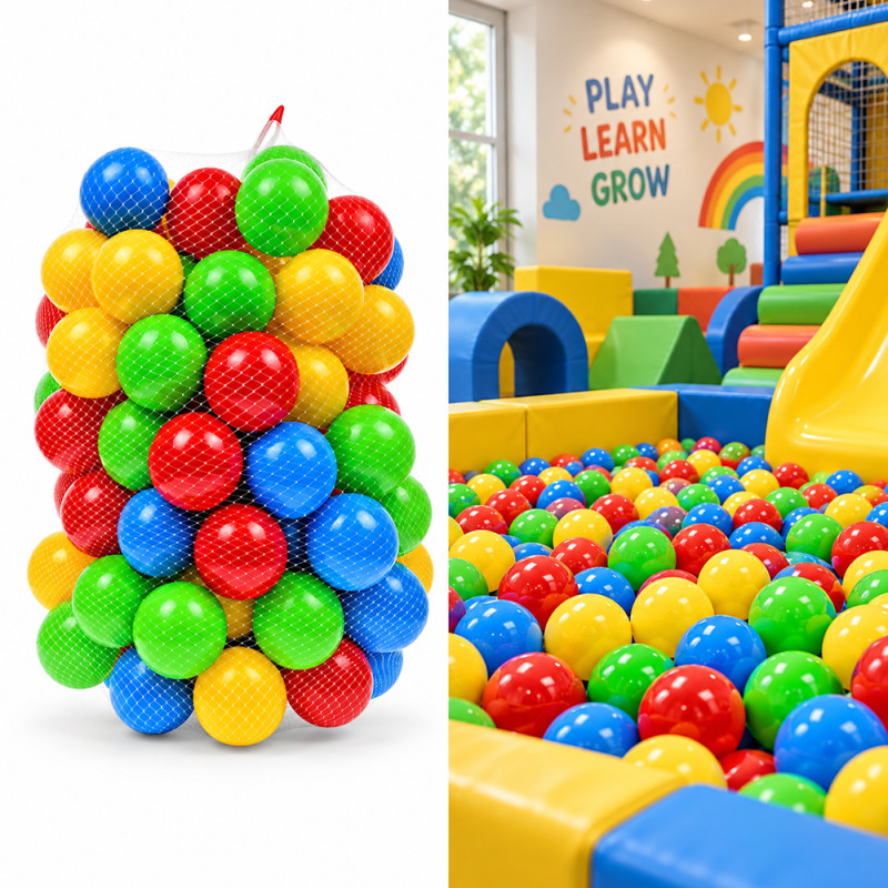 Set 100 mingi multicolore plastic, diametru 5.5 cm, pentru spatiu de joaca, cort sau piscine