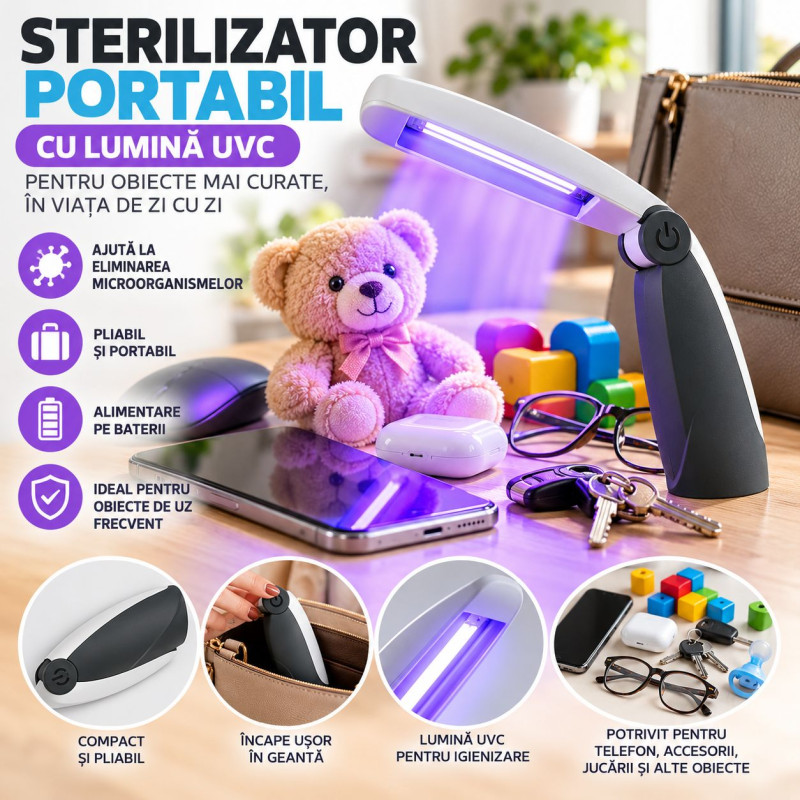 Sterilizator portabil cu lumina UVC, 2W, alimentare baterii, pliabil