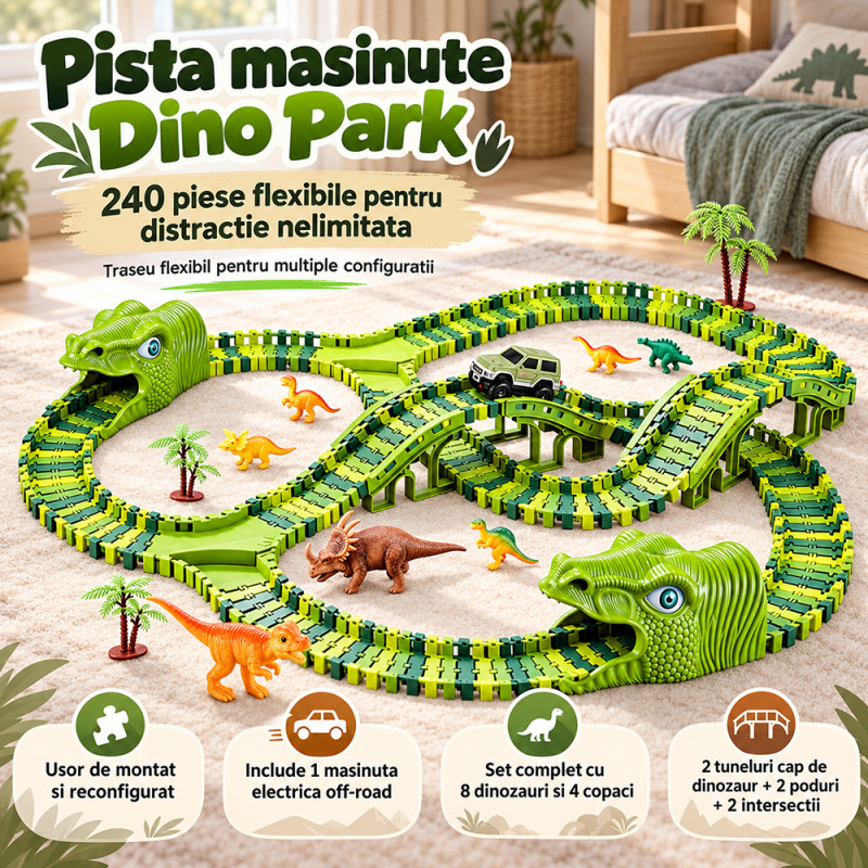 Pista circuit masinute, Dino Park, 8 dinozauri, masinuta electrica Off-road, 240 piese flexibile pentru pista