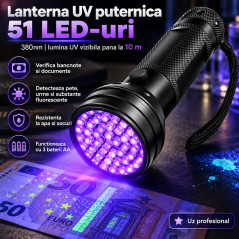 Lanterna UV puternica verificator bancnote 51 LED-uri 380 nm