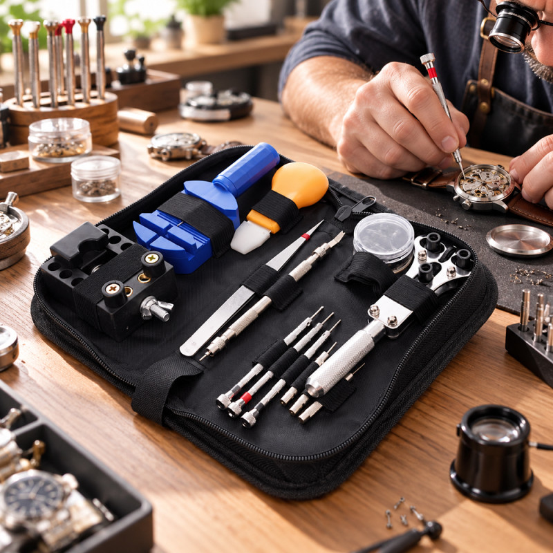 Trusa reparat ceasuri, 13 piese, set unelte si accesorii, organizator cu fermoar