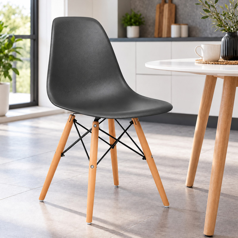 Scaun bucatarie si dining, stil scandinav, negru, picioare din lemn natur, spatar ergonomic, maxim 120 kg
