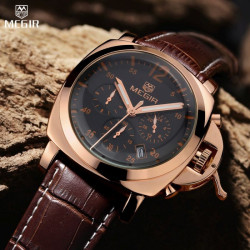 Ceas barbatesc auriu, casual, calendar, curea piele, maro, Megir 3006