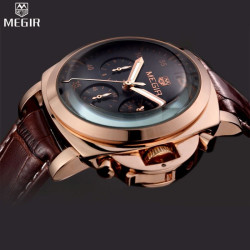 Ceas barbatesc auriu, casual, calendar, curea piele, maro, Megir 3006