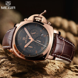 Ceas barbatesc auriu, casual, calendar, curea piele, maro, Megir 3006