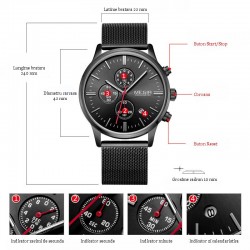 Ceas barbatesc, curea metalica, calendar, negru, Megir Chronometer 2011