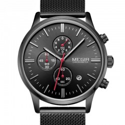 Ceas barbatesc, curea metalica, calendar, negru, Megir Chronometer 2011