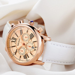 Ceas de Dama, quartz, cronograf, casual,  piele, alb,  Megir