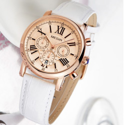 Ceas de Dama, quartz, cronograf, casual,  piele, alb,  Megir
