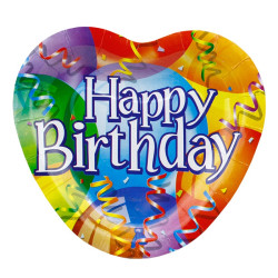 Farfurii carton Happy Birthday, forma inima 18.5x17.5cm, set 10 bucati