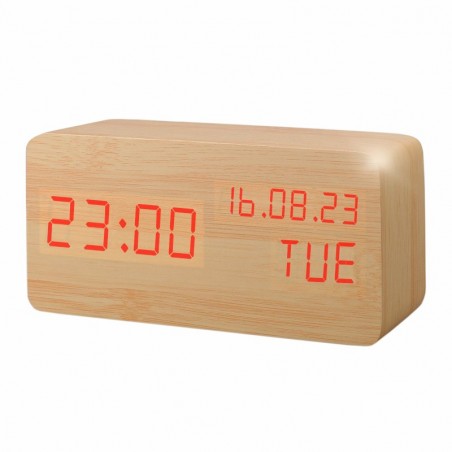 Ceas de birou, display LED, din lemn, senzor sunet, temperatura, data, alarma