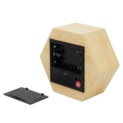 Ceas digital birou, LED rosu, senzor sunet, USB, calendar, termometru, lemn