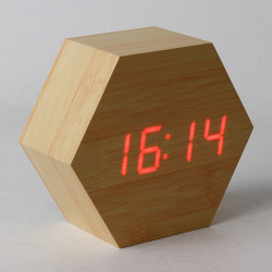 Ceas digital birou, LED rosu, senzor sunet, USB, calendar, termometru, lemn