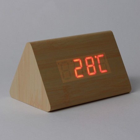 Ceas LED digital de birou, senzor sunet, data, temperatura, 3 grupe alarma, lemn