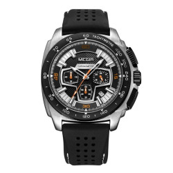 Ceas barbati cu Quartz, tahimetru, cronometru, curea silicon, Megir