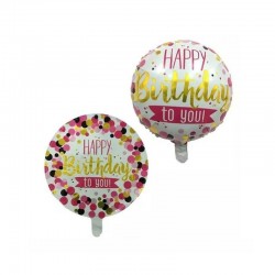 Balon folie Happy Birthday, forma rotunda 45 cm, aer sau heliu