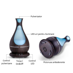 Difuzor ultrasunete aromaterapie, 400 ml, 12W, temporizator, iluminat LED