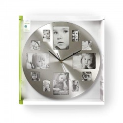 Ceas de perete cu rama foto, 12 poze, 40 cm, mecanism Quartz, argintiu