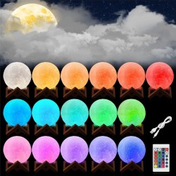 Lampa Luna 3D 20 cm, LED 16 culori, reincarcabila, telecomanda, suport lemn